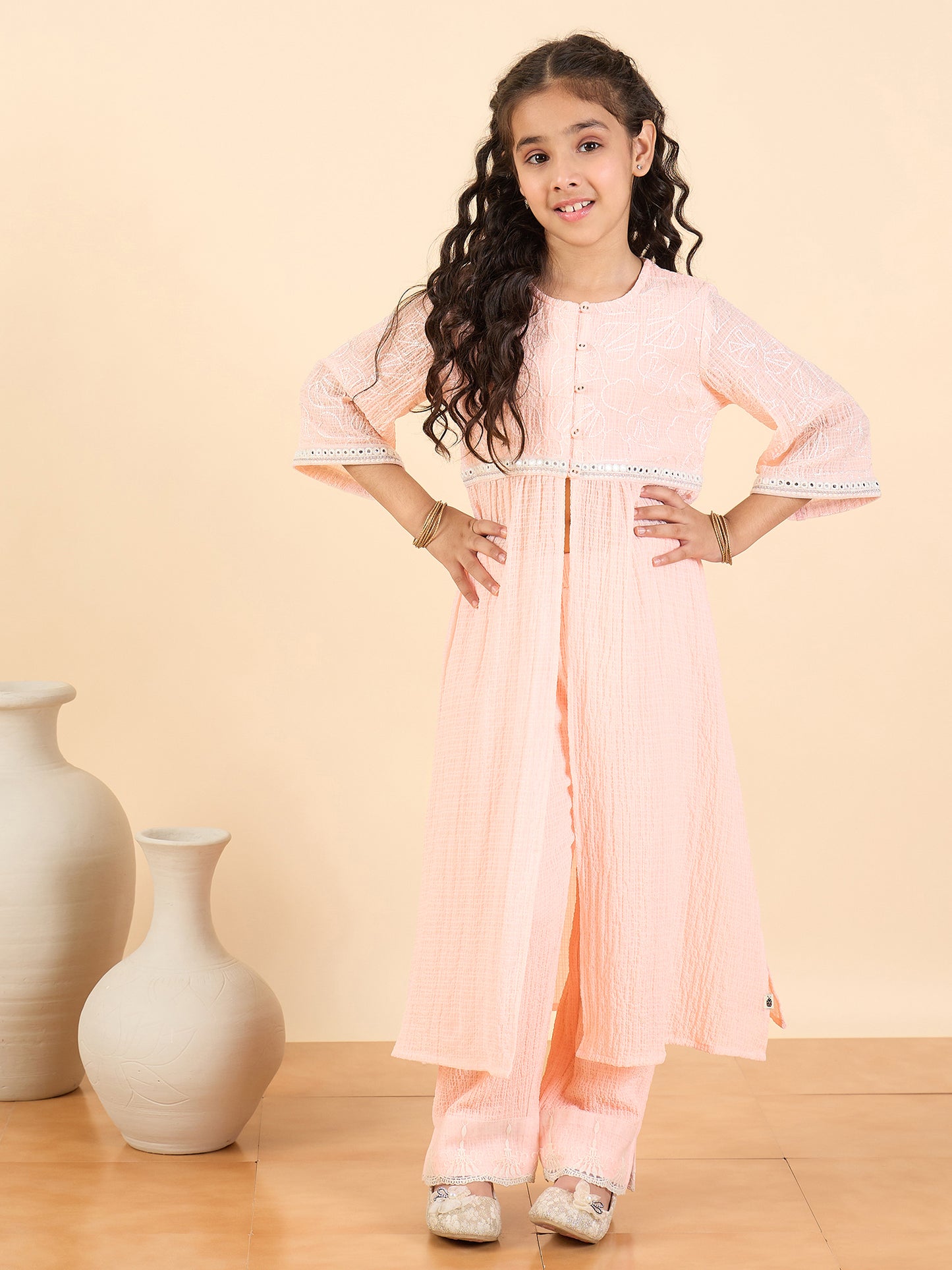Girls Below Knee Embroidery Kurti Set - Peach