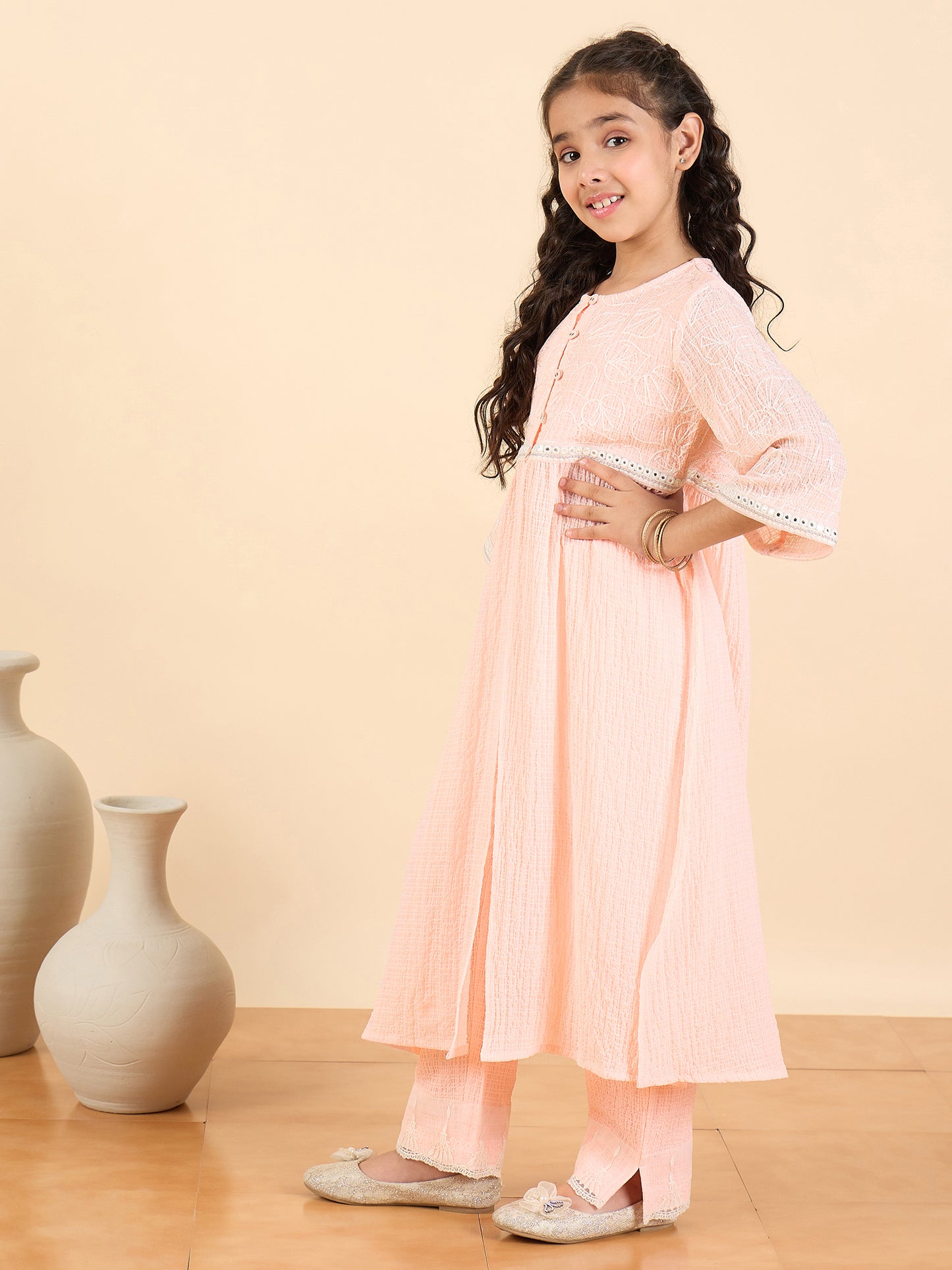 Girls Below Knee Embroidery Kurti Set - Peach