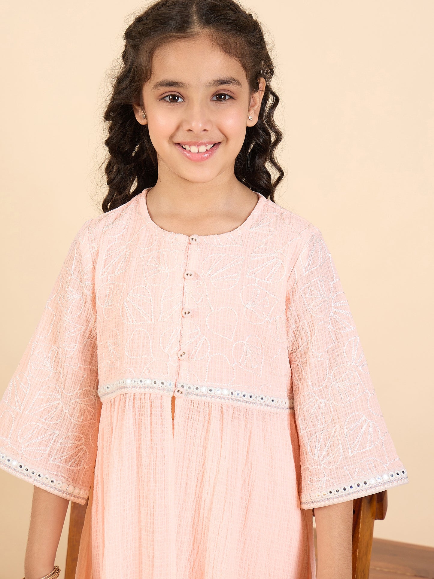 Girls Below Knee Embroidery Kurti Set - Peach