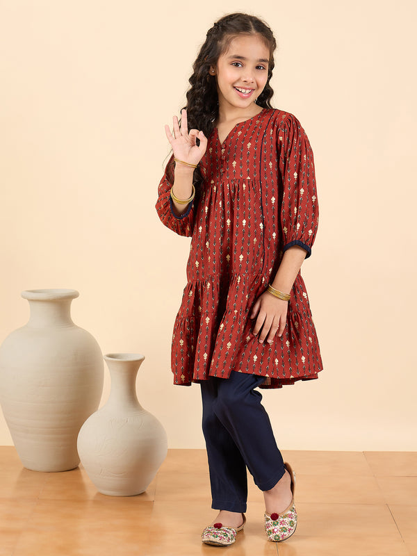 Girls Above Knee All over Print Kurti Set - Maroon
