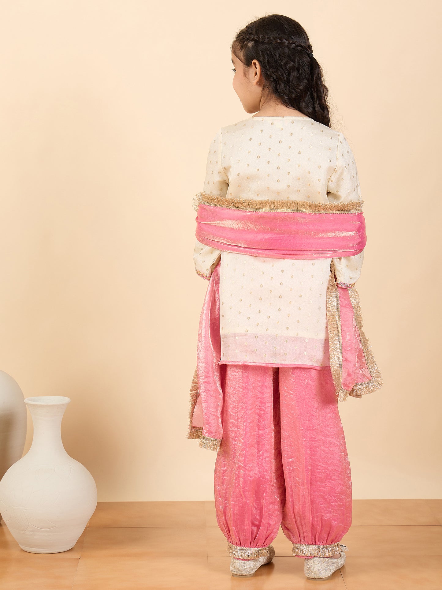 Girls Above Knee Embroidery Kurti Set - Off-White