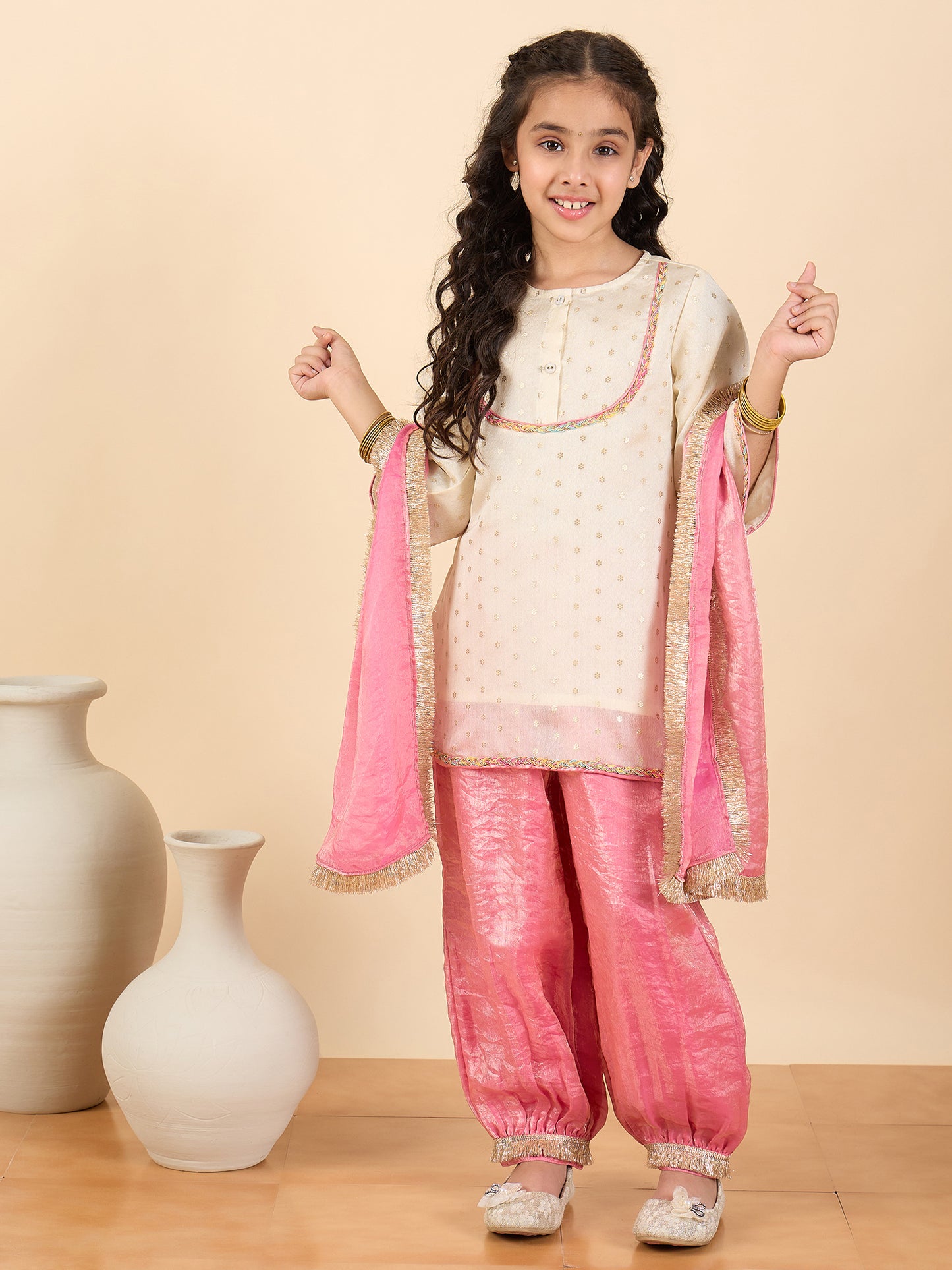 Girls Above Knee Embroidery Kurti Set - Off-White