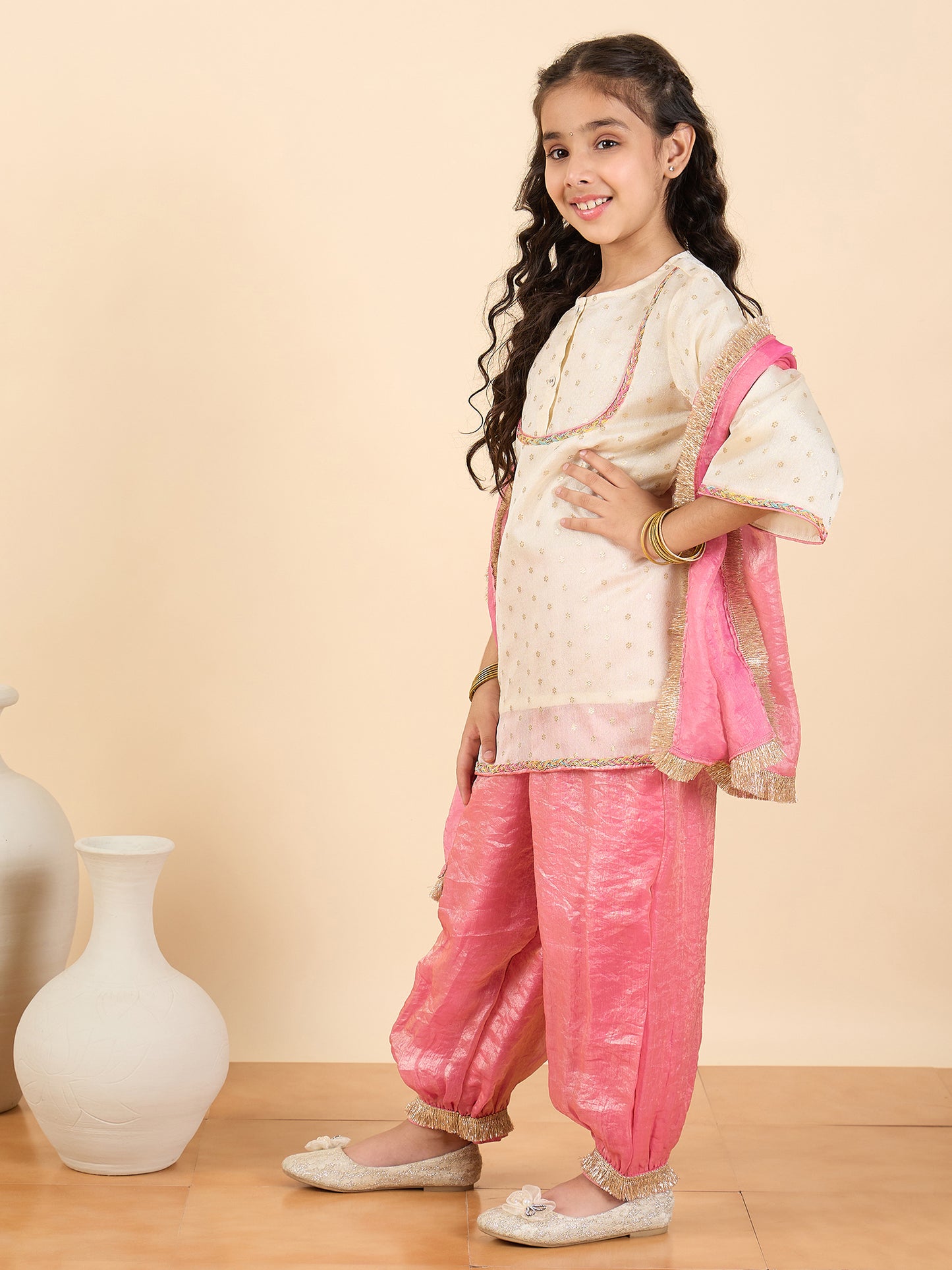 Girls Above Knee Embroidery Kurti Set - Off-White