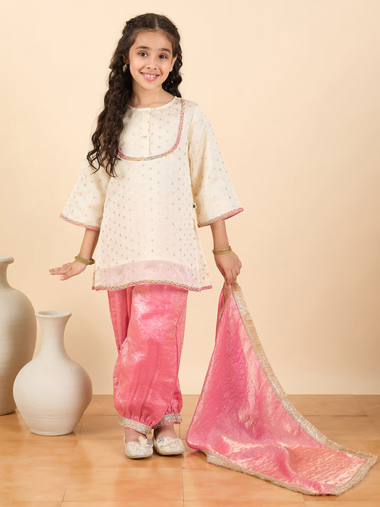 Girls Above Knee Embroidery Kurti Set - Off-White