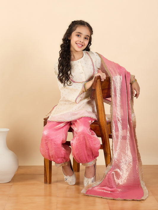 Girls Above Knee Embroidery Kurti Set - Off-White