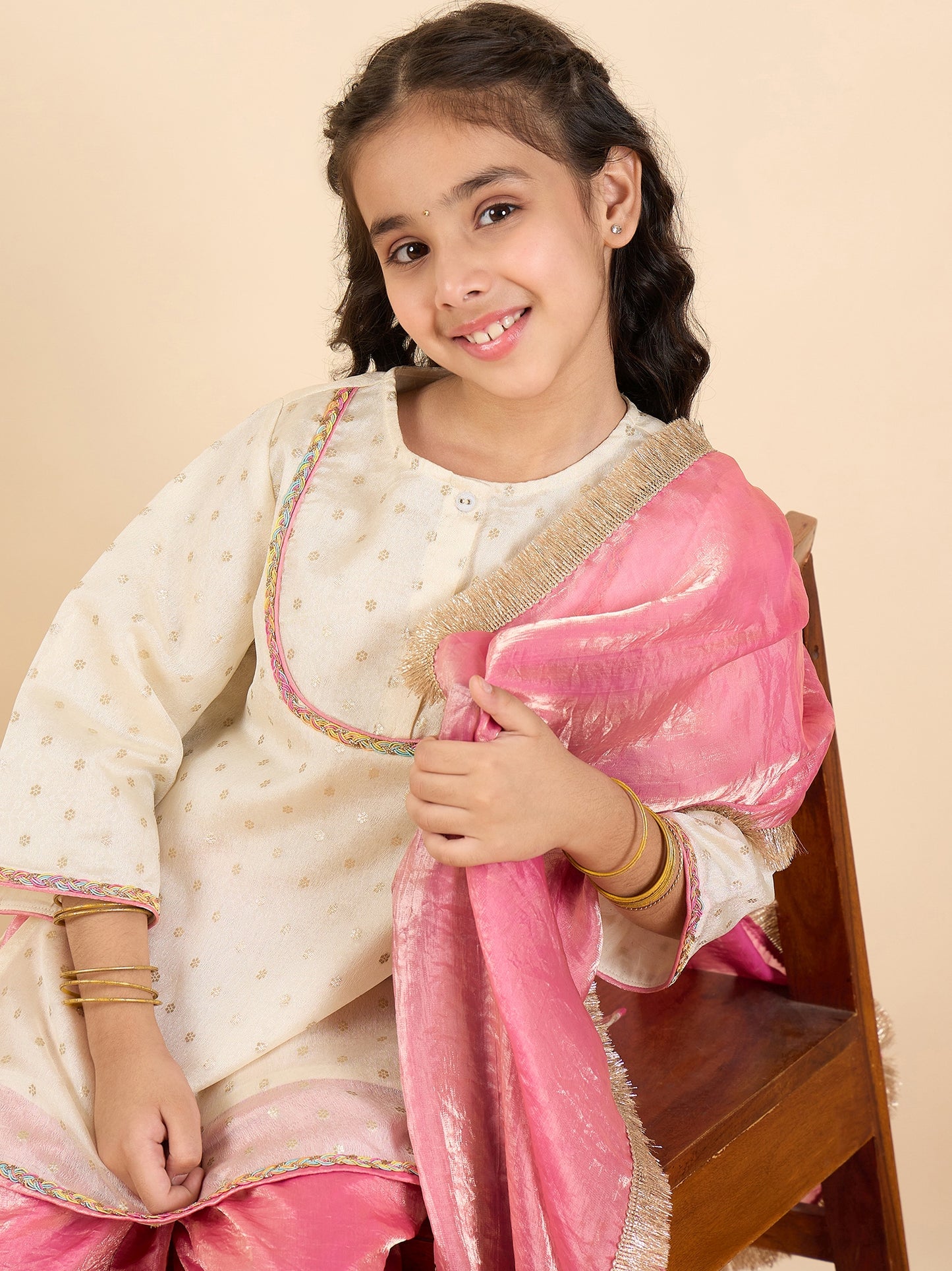 Girls Above Knee Embroidery Kurti Set - Off-White