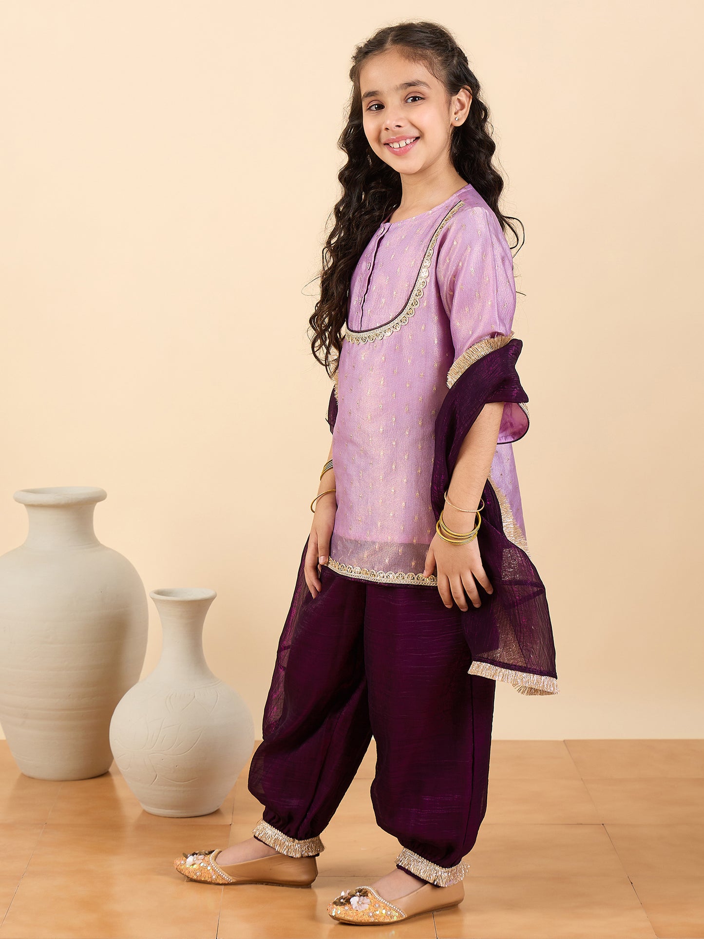 Girls Above Knee Embroidery Kurti Set - Lavender