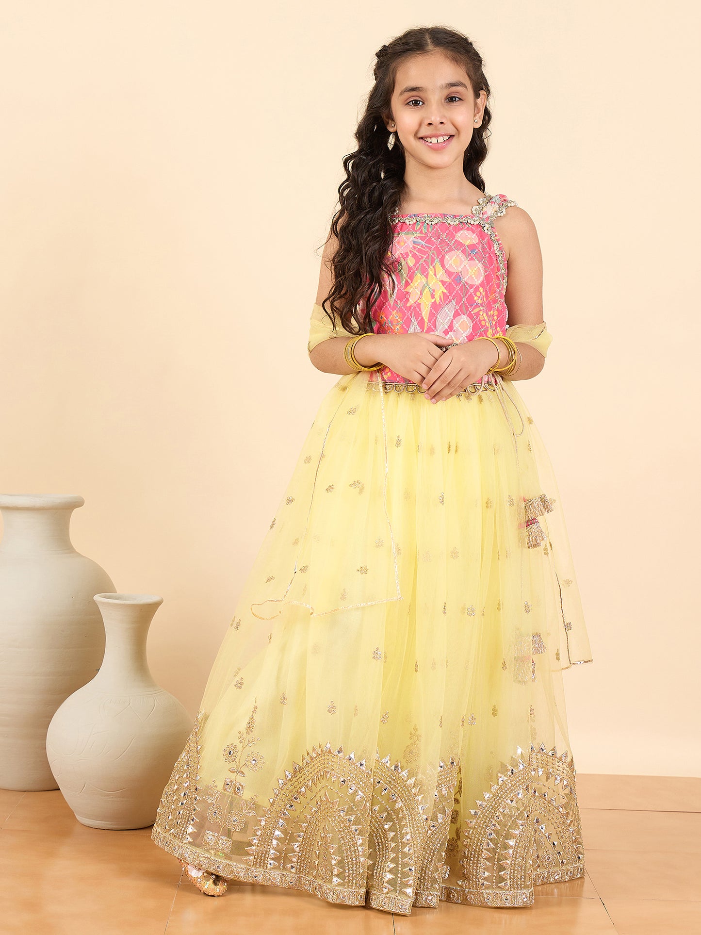 Girls Waist Length Embroidery Lehenga Choli - Yellow