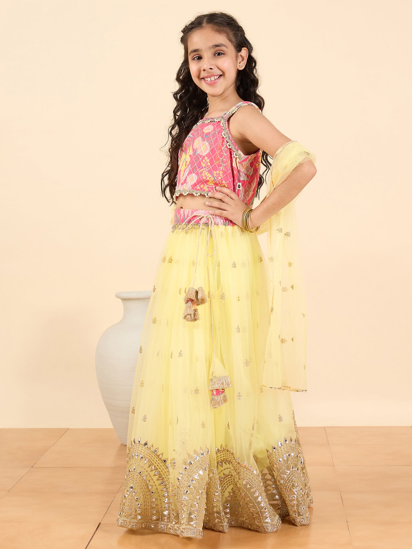 Girls Waist Length Embroidery Lehenga Choli - Yellow