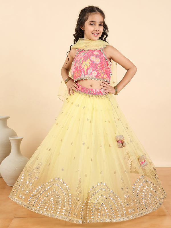 Girls Waist Length Embroidery Lahnga Choli - Yellow