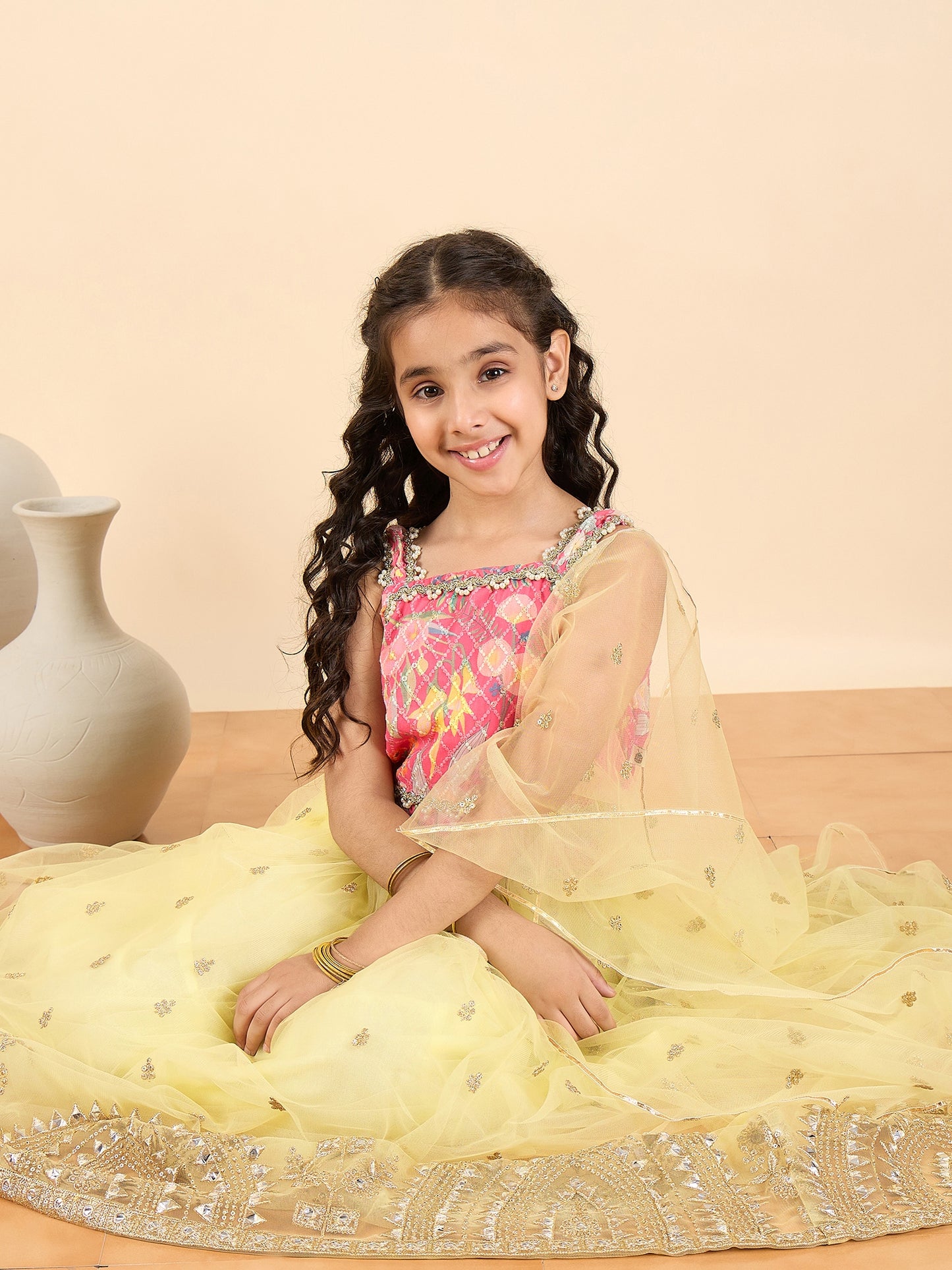 Girls Waist Length Embroidery Lehenga Choli - Yellow