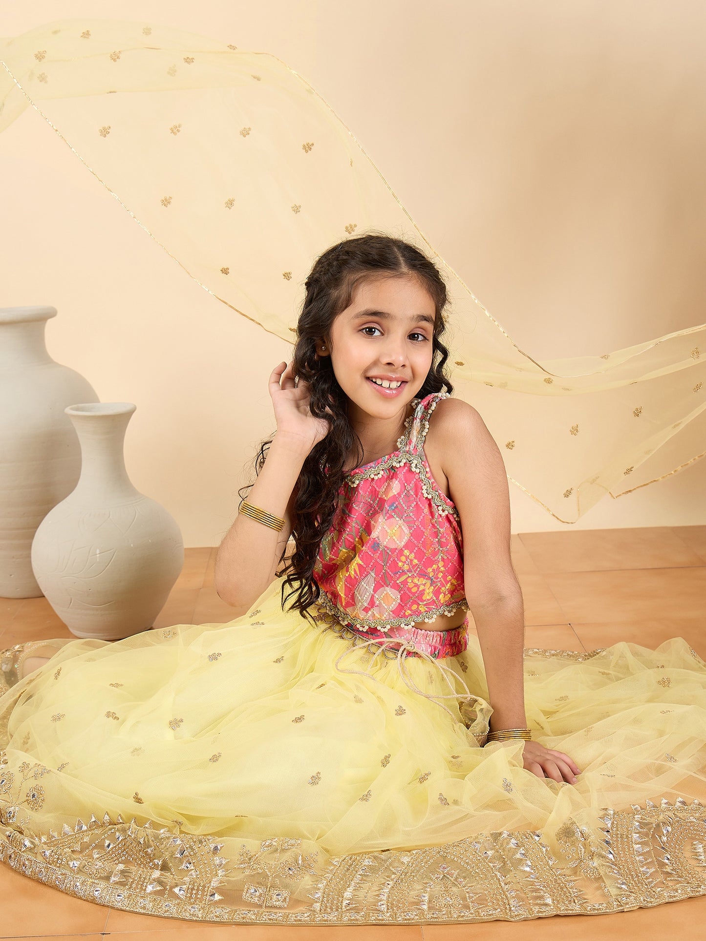 Girls Waist Length Embroidery Lehenga Choli - Yellow