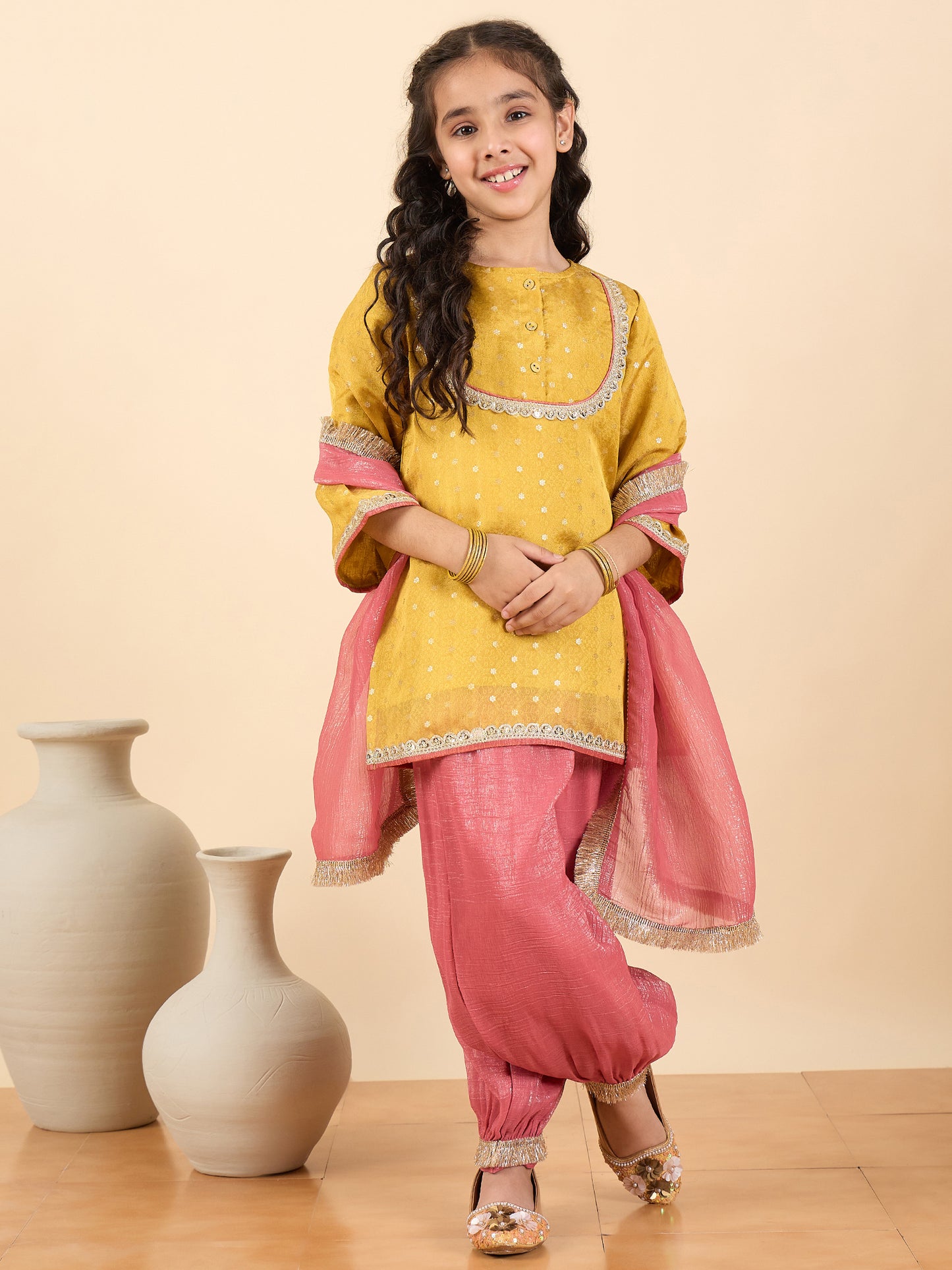 Girls Above Knee Embroidery Kurti Set - Yellow