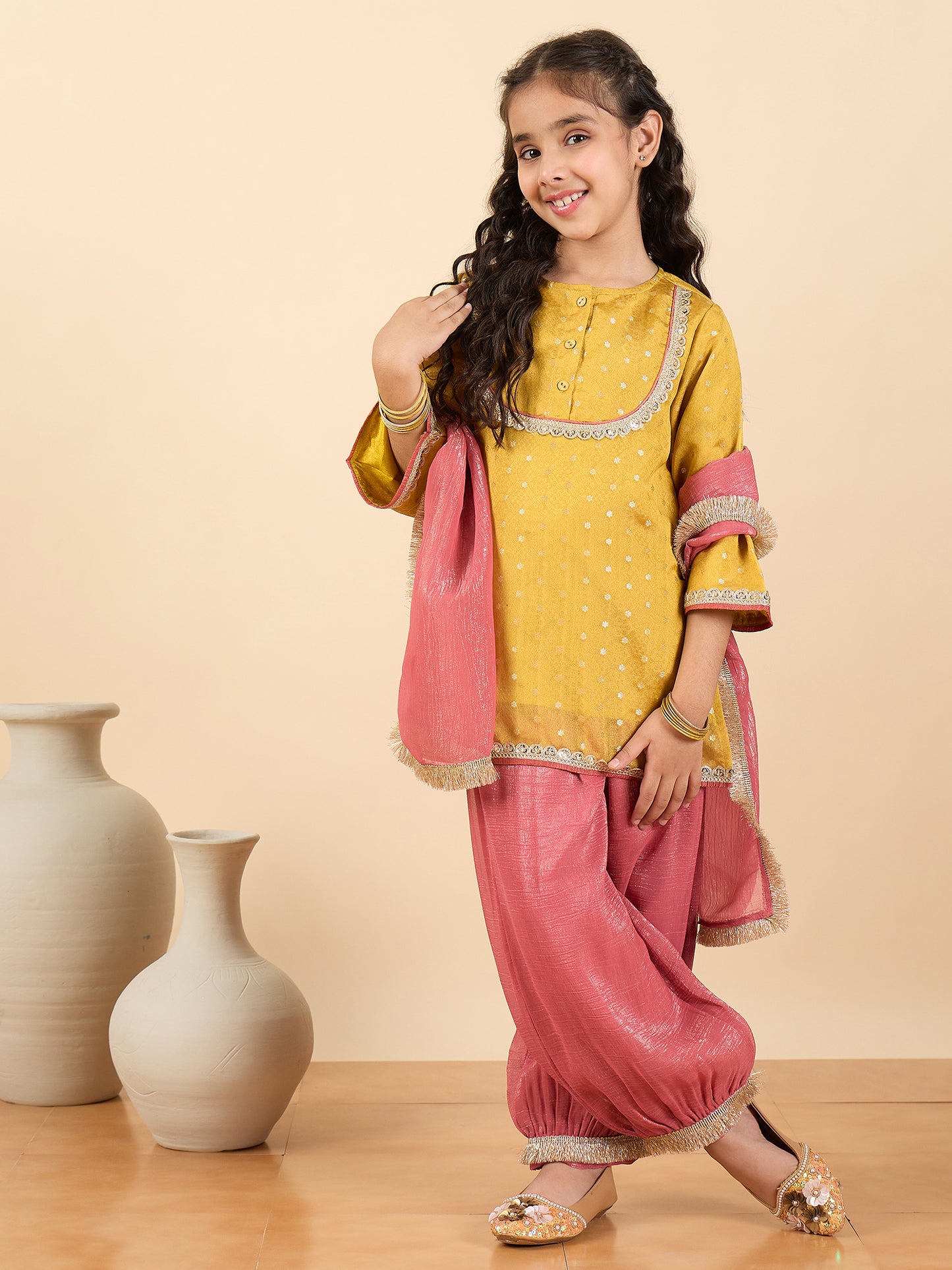 Girls Above Knee Embroidery Kurti Set - Yellow