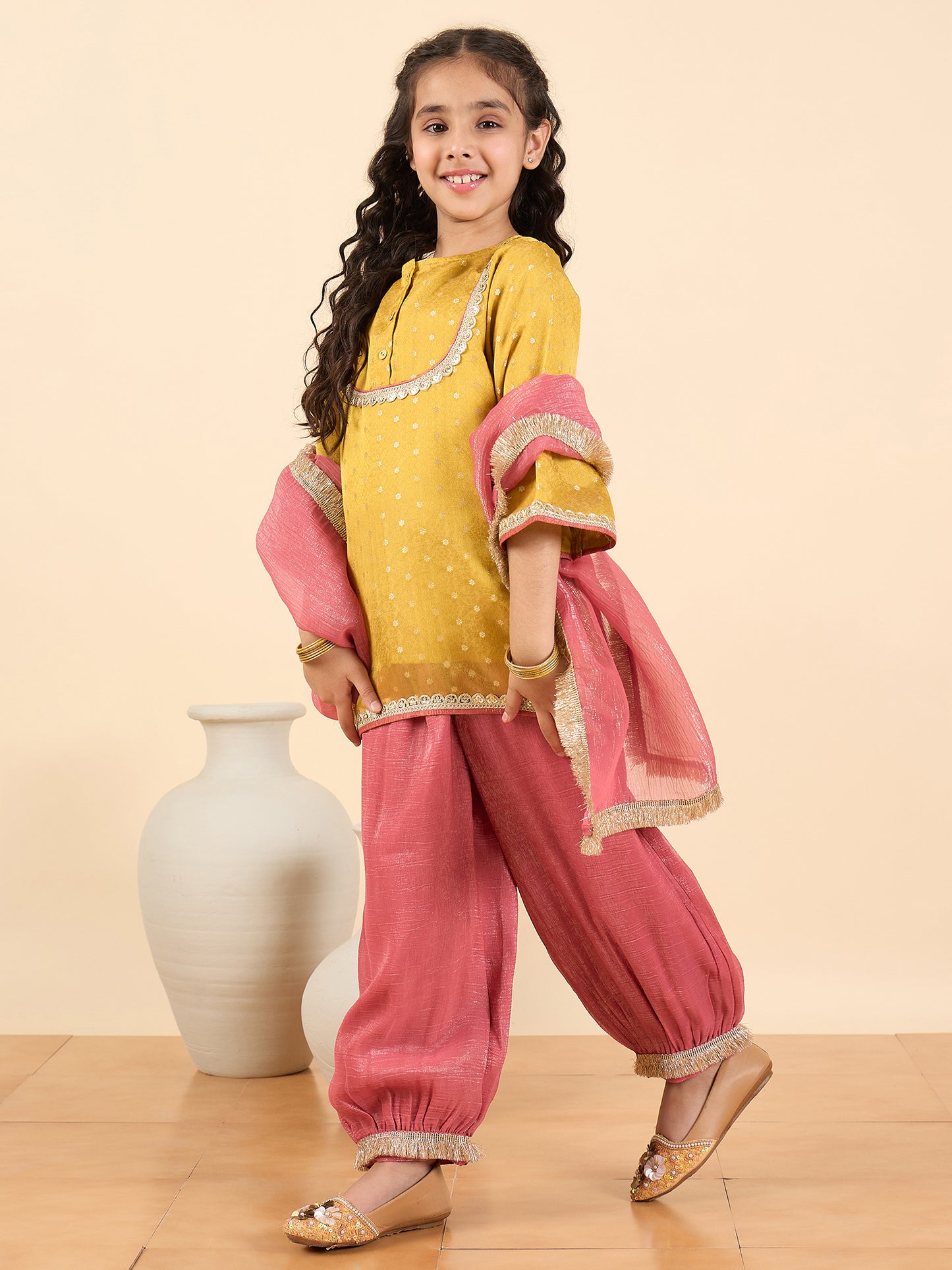 Girls Above Knee Embroidery Kurti Set - Yellow