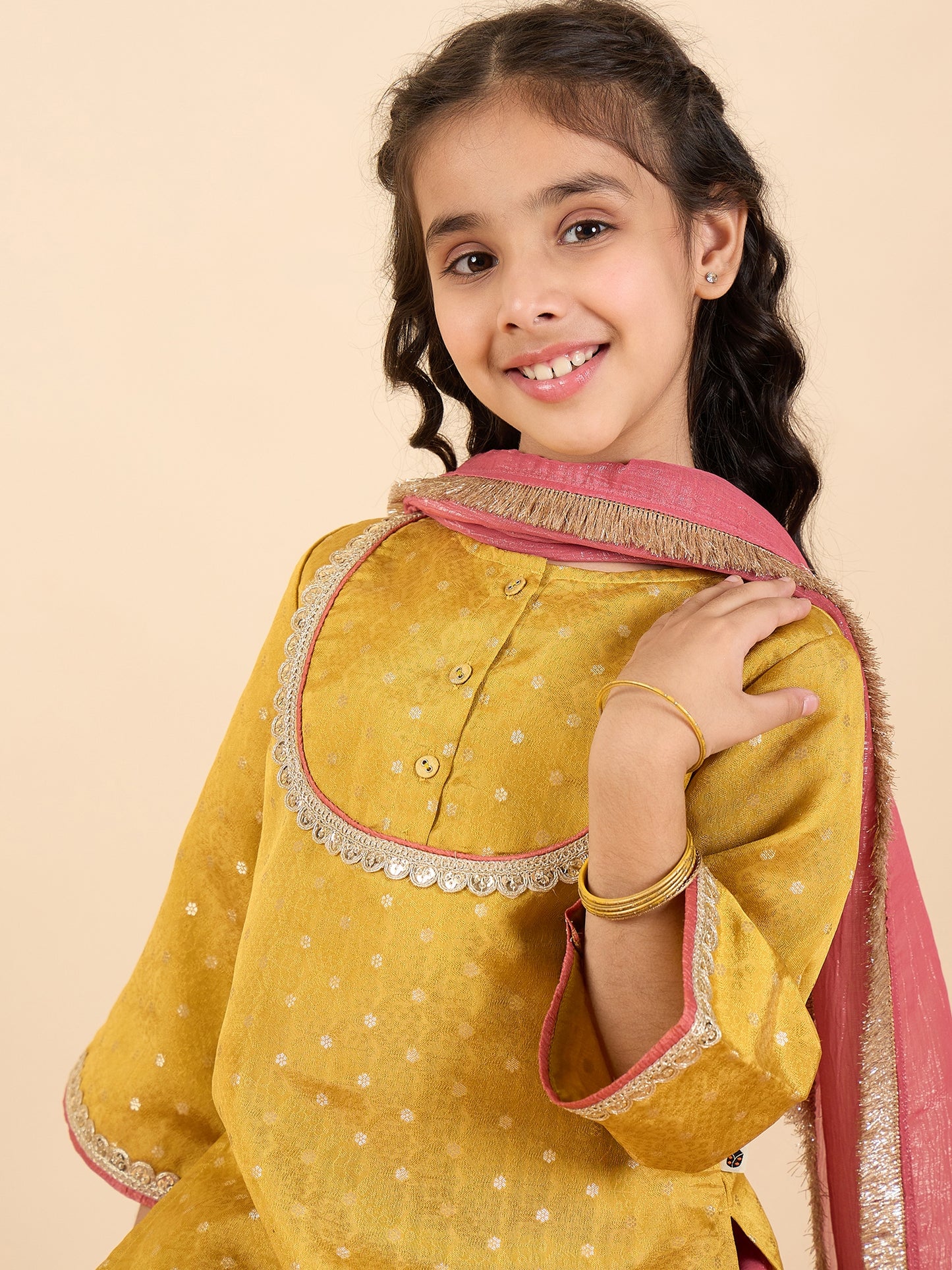 Girls Above Knee Embroidery Kurti Set - Yellow