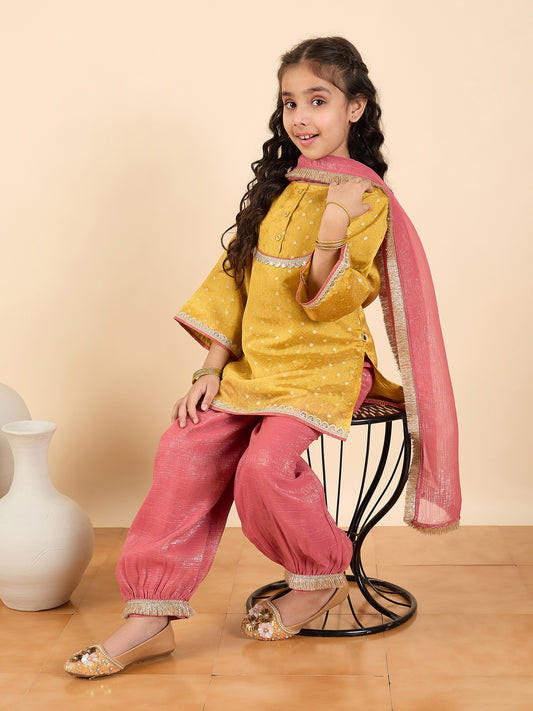 Girls Above Knee Embroidery Kurti Set - Yellow