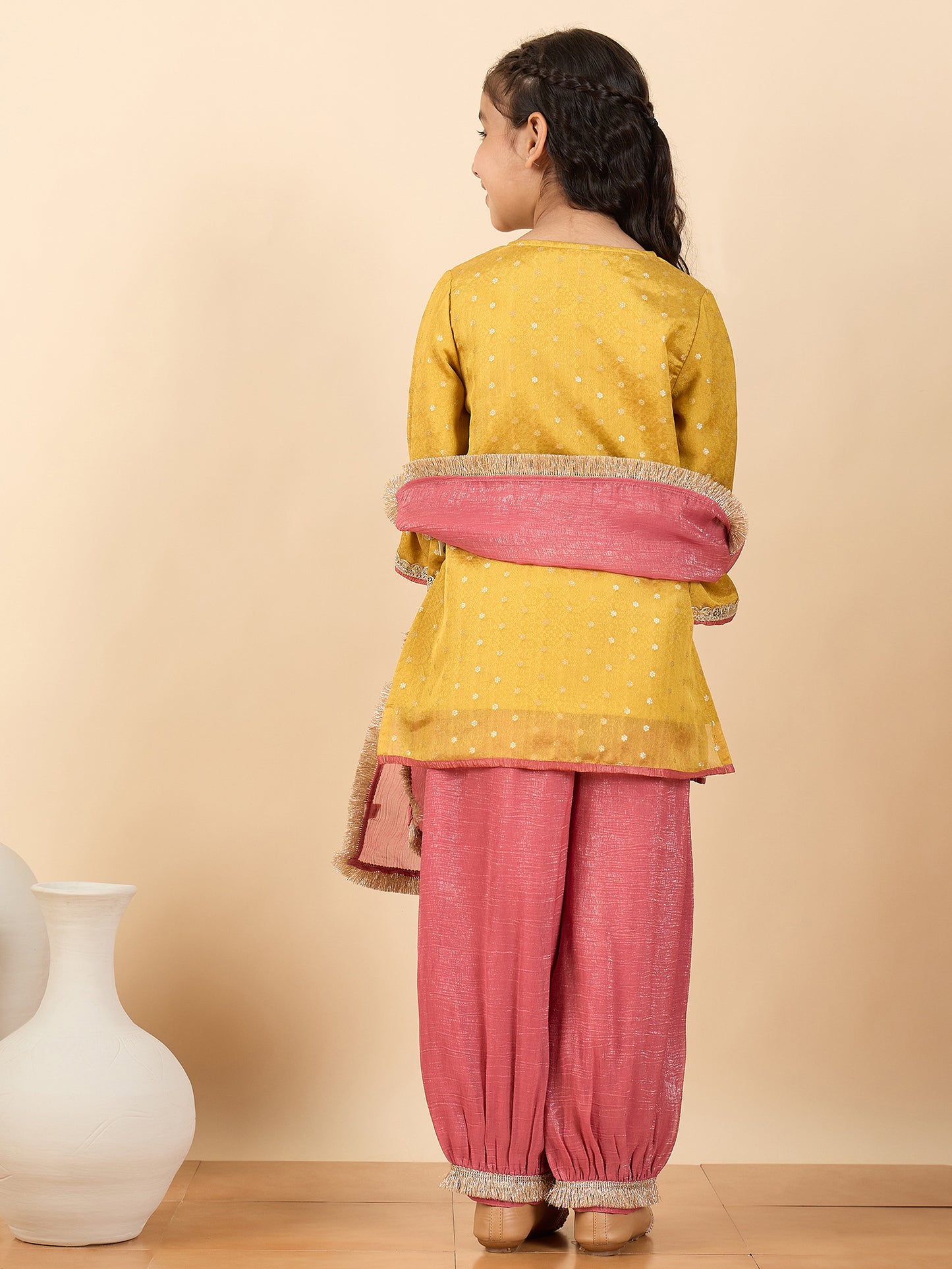 Girls Above Knee Embroidery Kurti Set - Yellow