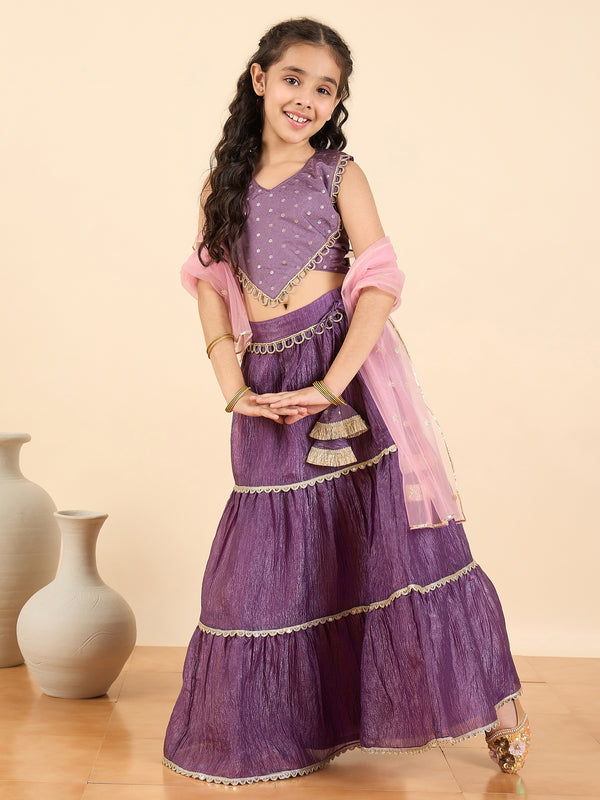 Girls Waist Length Embroidery Lahnga Choli - Purple
