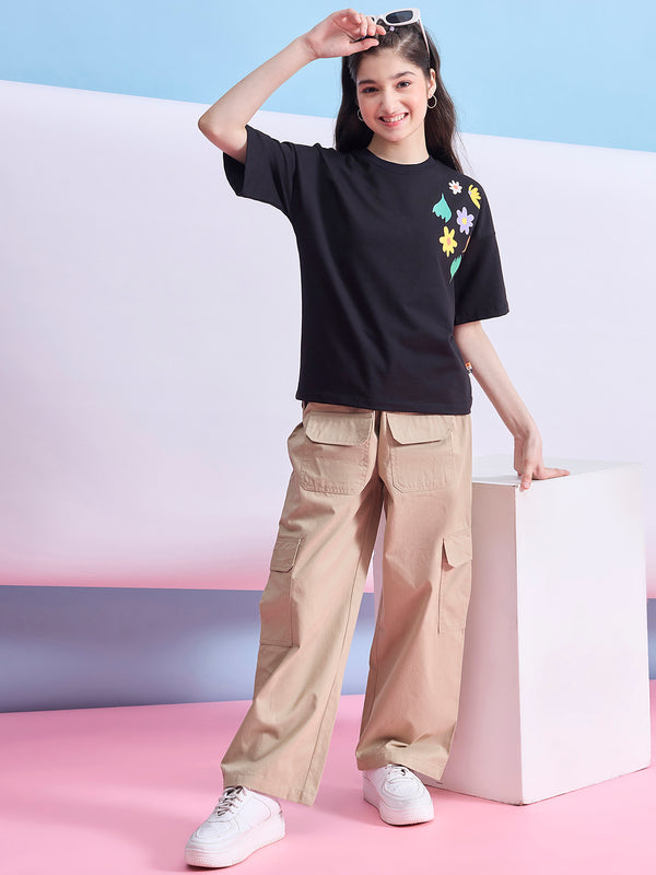 Girls Ankle Length Solid Cargo Pants - Beige