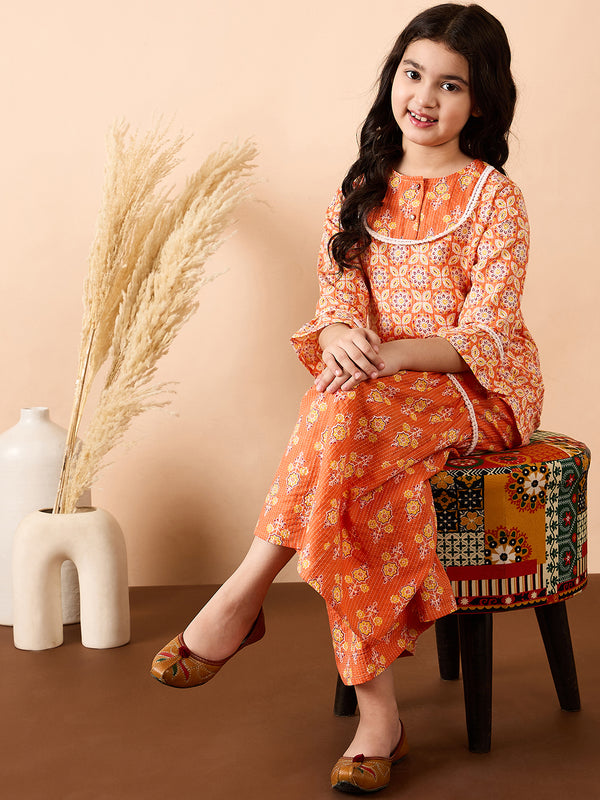 Girls Ankle Length All over Print Kurti Set - Orange