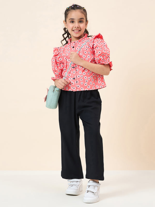 Girls Ankle Length All over Print Top With Pants - Red