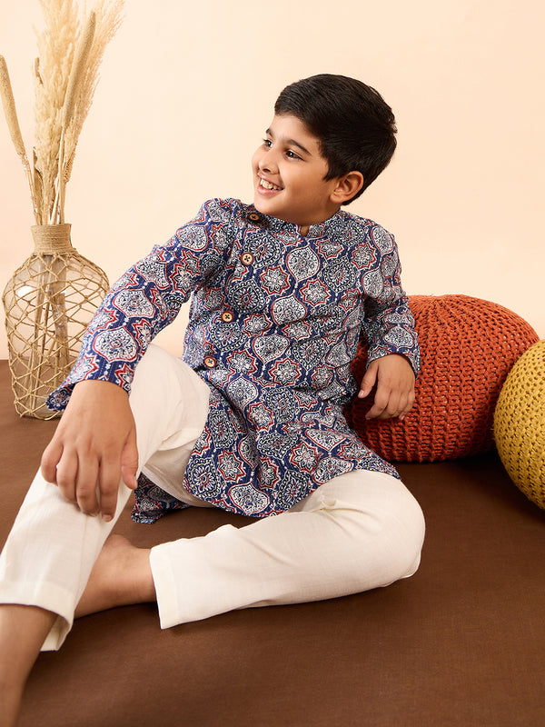 Boys Knee Length Printed Kurta Set - Blue