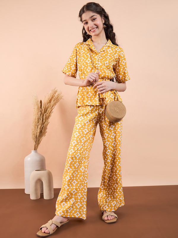 Girls Ankle Length Printed Top With Pants - Yellow