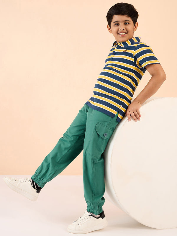 Boys Ankle Length Solid Cargo Pants - Green