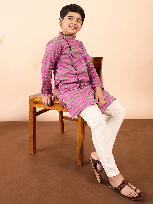 Boys Ankle Length Printed Kurta Set - Purple