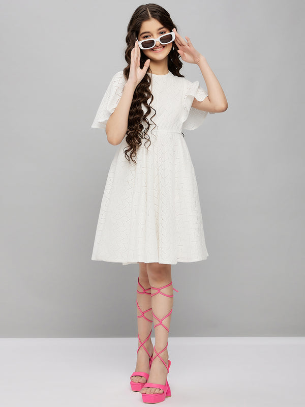 Girls Knee Length Solid Dress - Off-White