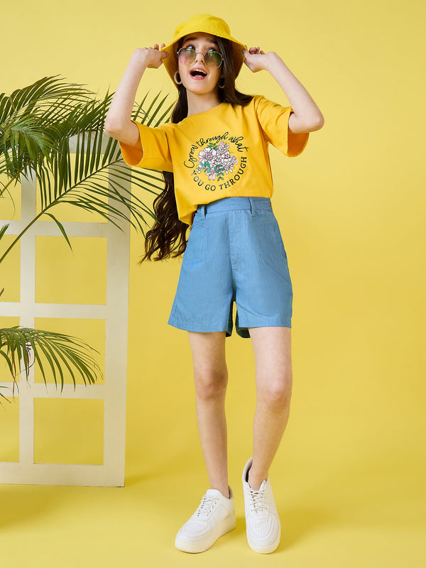 Girls Hip length Printed T-shirt - Yellow