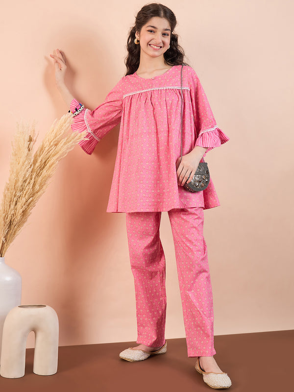 Girls Ankle Length All over Print Kurti Set - Pink