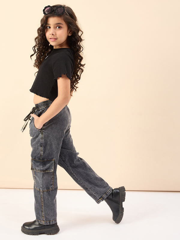 Girls Ankle Length Solid Cargo Pants - Black