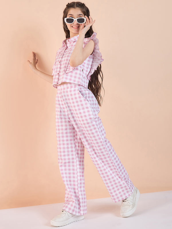 Girls Hip length Printed Top With Pants - Pink