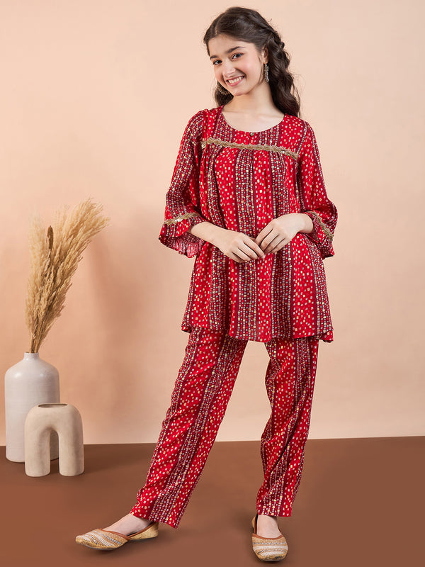 Girls Ankle Length All over Print Kurti Set - Red