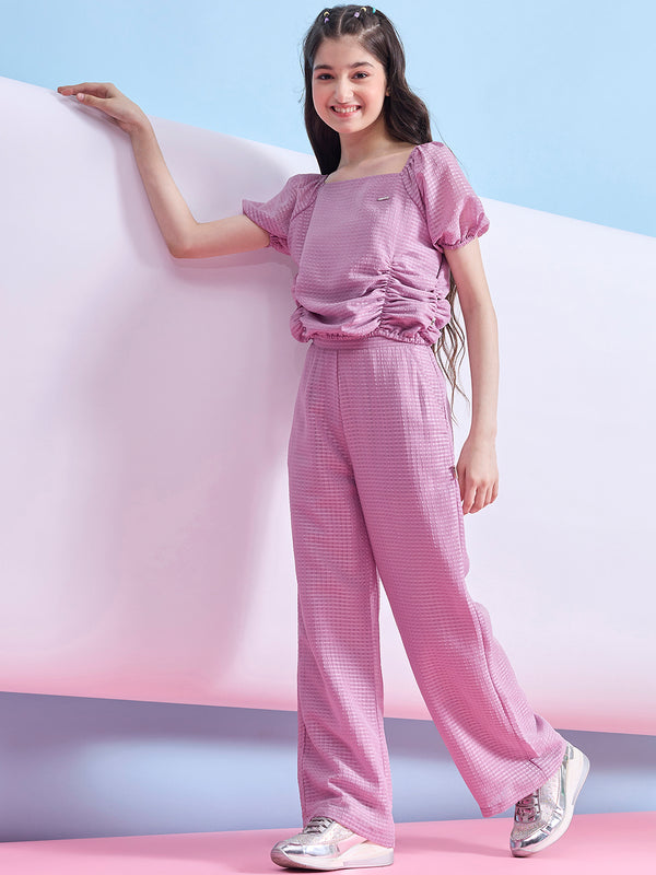 Girls Ankle Length Solid Top With Pants - Pink