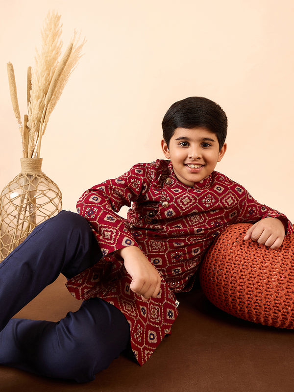 Boys Ankle Length Printed Kurta Set - Red