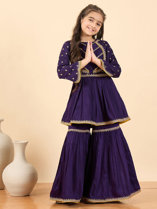 Girls Above Knee Embroidery Kurti Set - Purple
