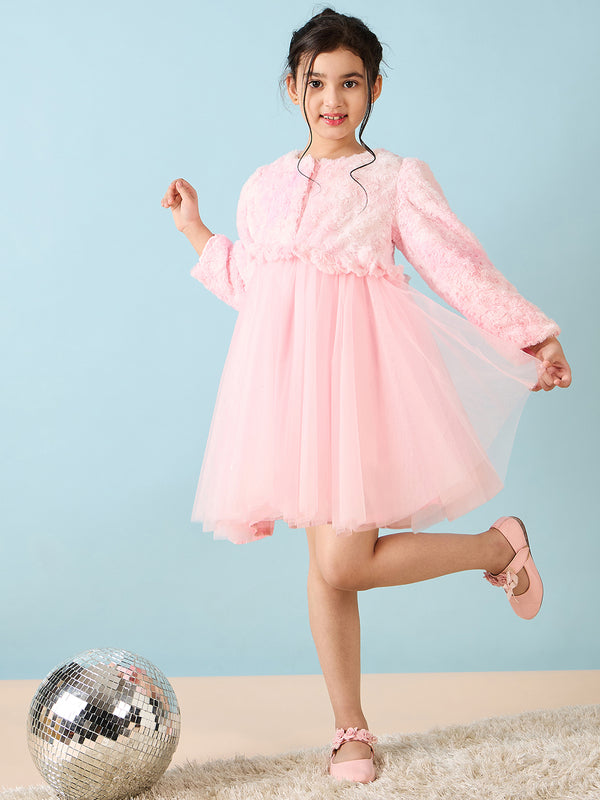 Girls Knee Length Embroidery Dress - Pink