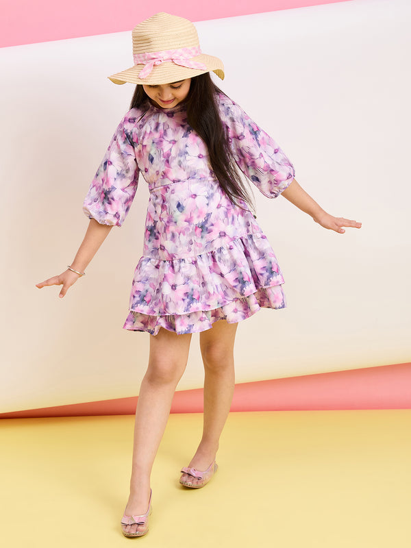 Girls Above knee Printed Dress - Purple