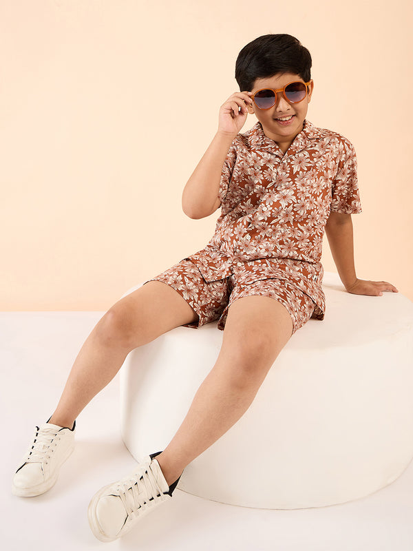 Boys Above Knee Printed Shirt with Shorts - Brown