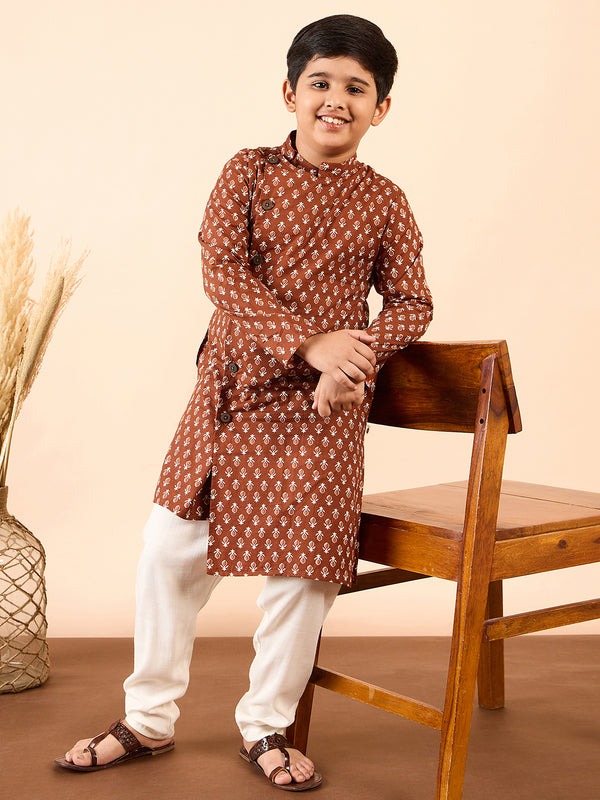 Boys Knee Length Printed Kurta Set - Brown