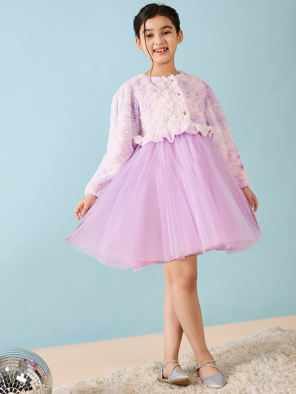 Girls Knee Length Embroidery Dress - Purple