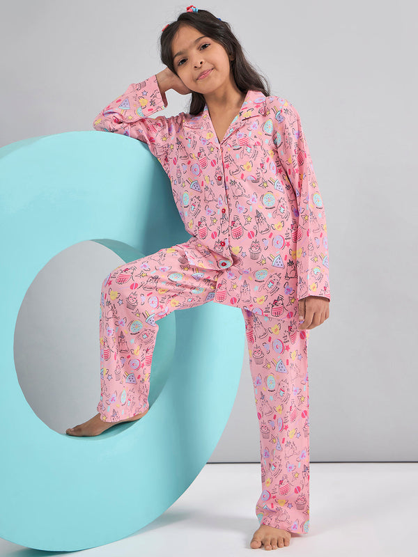 StyloBug Girls Full Length Printed Night Suit - Pink