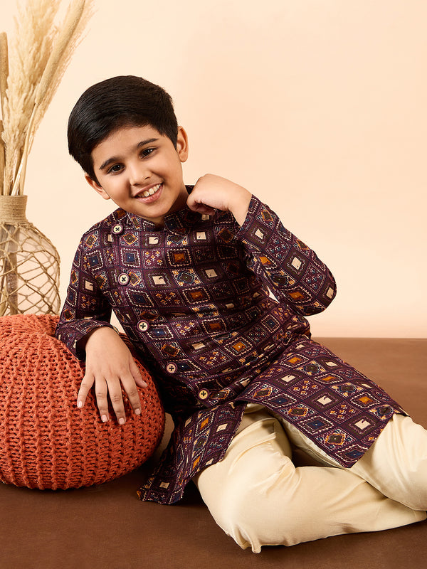 Boys Knee Length Printed Kurta Set - Brown