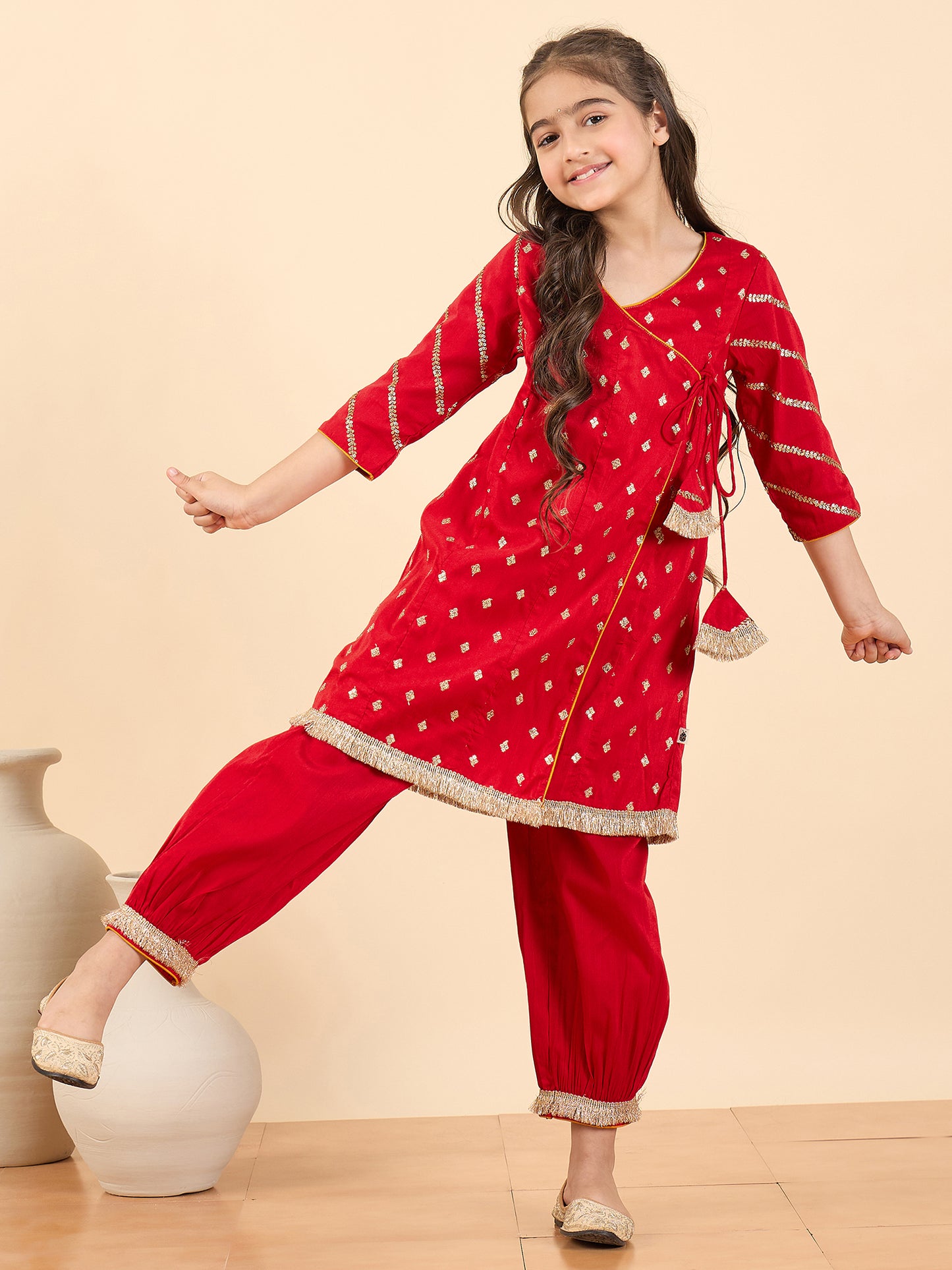 Girls Above Knee Embroidery Kurti Set - Red