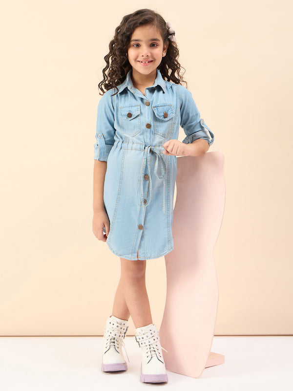 Girls Indigo Solid Denim A-Line Dress