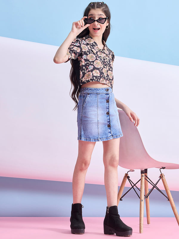 Girls Waist Length Printed Top - Black