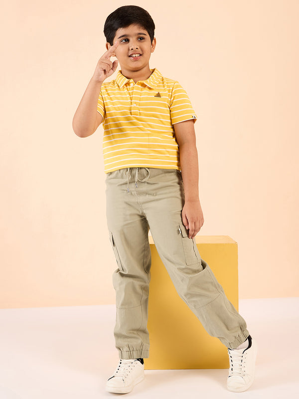 Boys Ankle Length Solid Cargo Pants - Beige